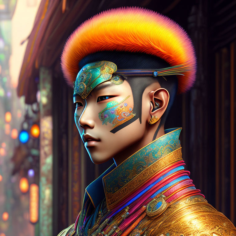 Digital artwork: Person with rainbow hair in ornate traditional attire with golden accents and facial tattoos.