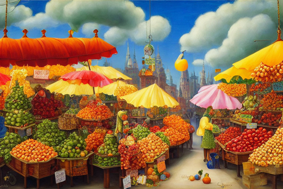 Colorful Fruit Market Painting with Umbrellas and Cityscape