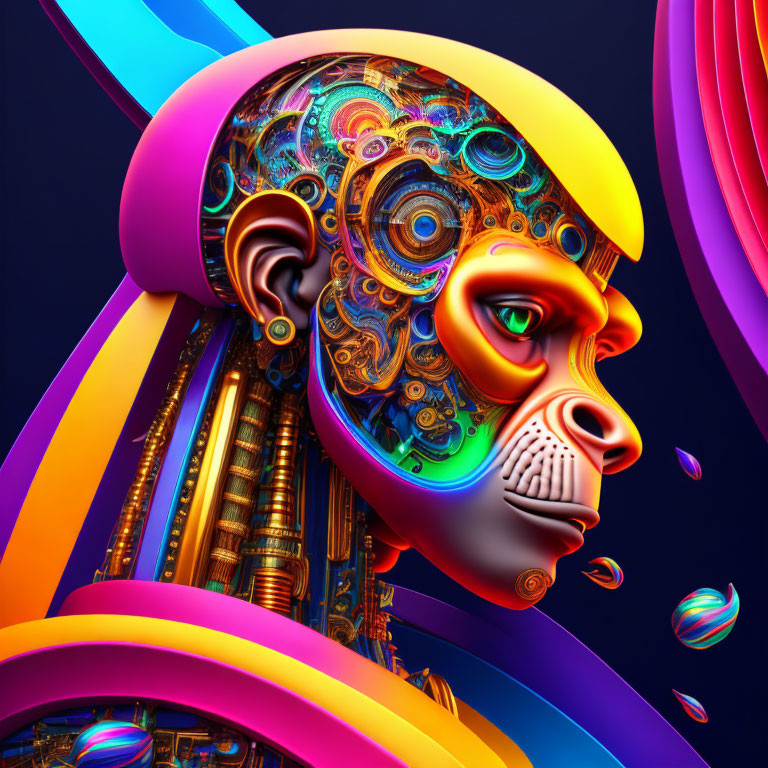 Colorful 3D humanoid head with mechanical and organic elements