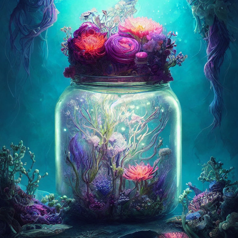 Vibrant underwater-themed illustration with fantastical flora and coral