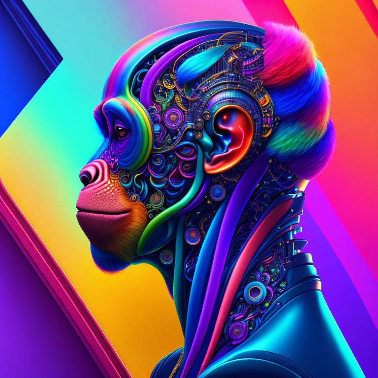 Vibrant cybernetic primate profile on colorful background