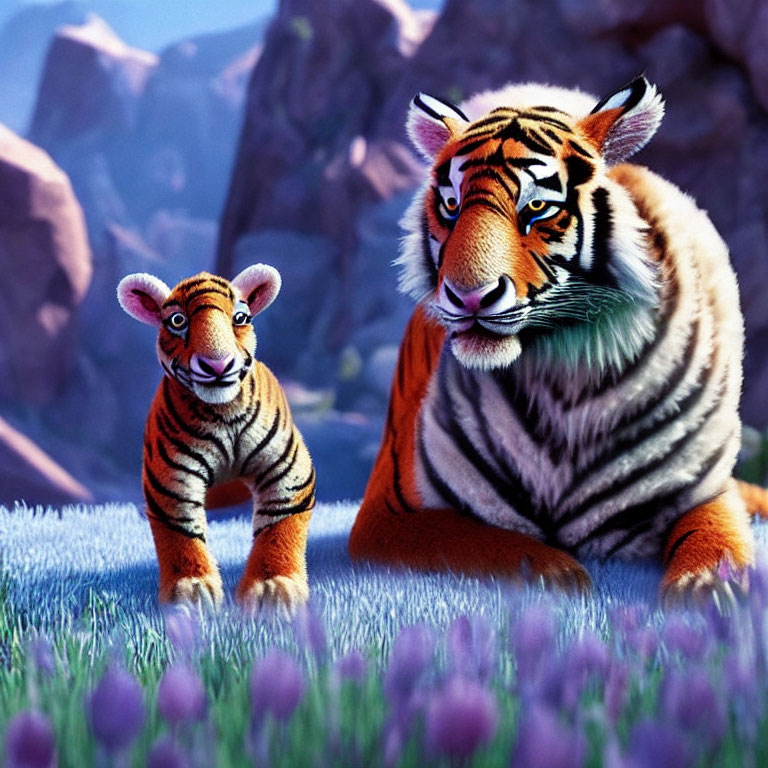 Realistic animated image of adult tiger and cub in purple flower field.