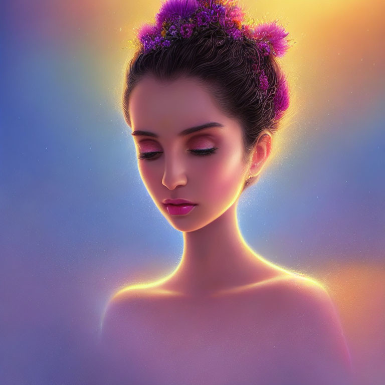 Serene woman with closed eyes and purple flowers in hair in soft, glowing aura