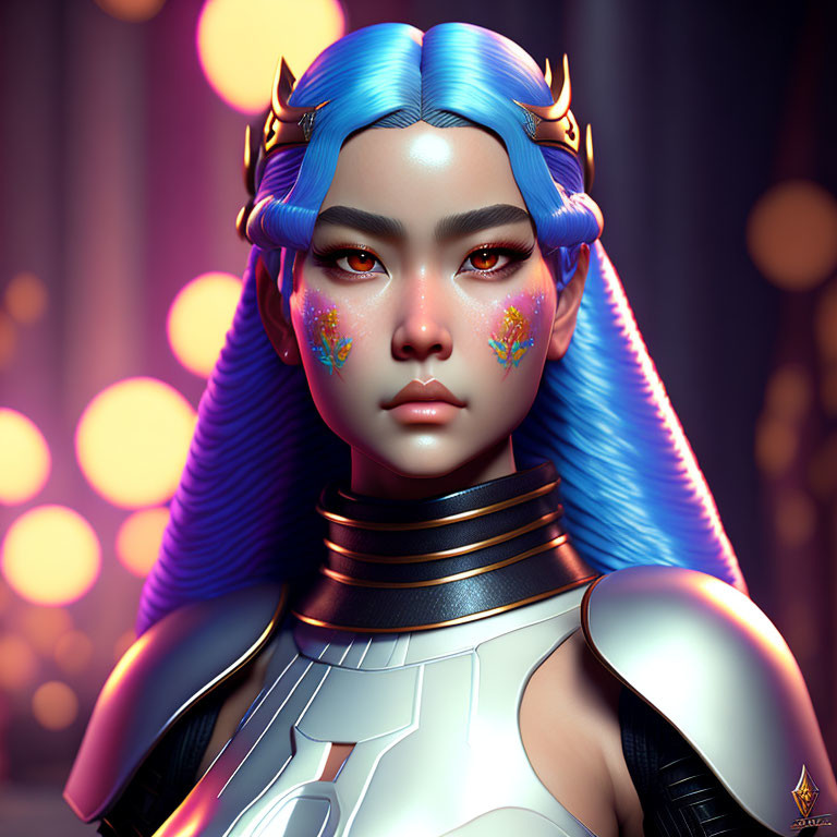 Futuristic female character with blue hair and horn-like accessories