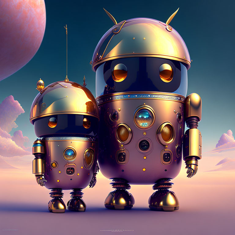 Stylized golden and silver robots with pink planet backdrop