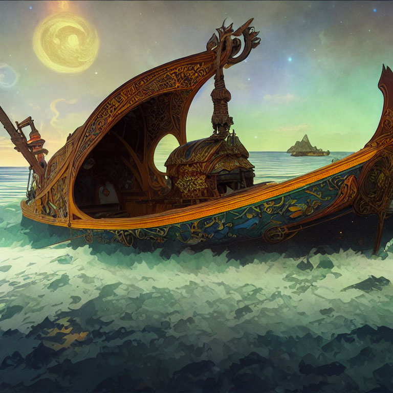 Intricately designed boat on stormy seas under dual moons