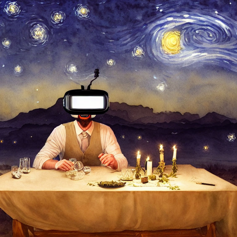 Person at table with VR headset, starry night backdrop, candles, empty plate and glass