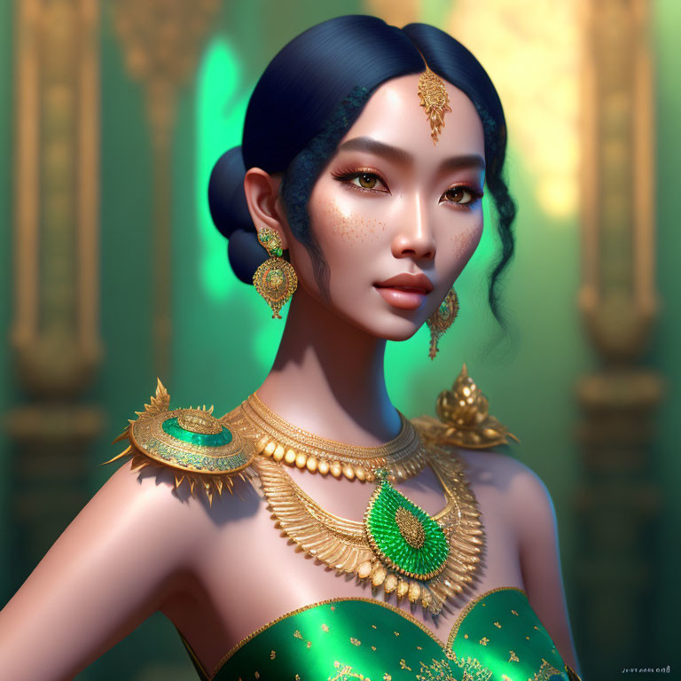 Digital artwork: Woman with blue hair, golden jewelry, green garment, greenish background with blurred pillars