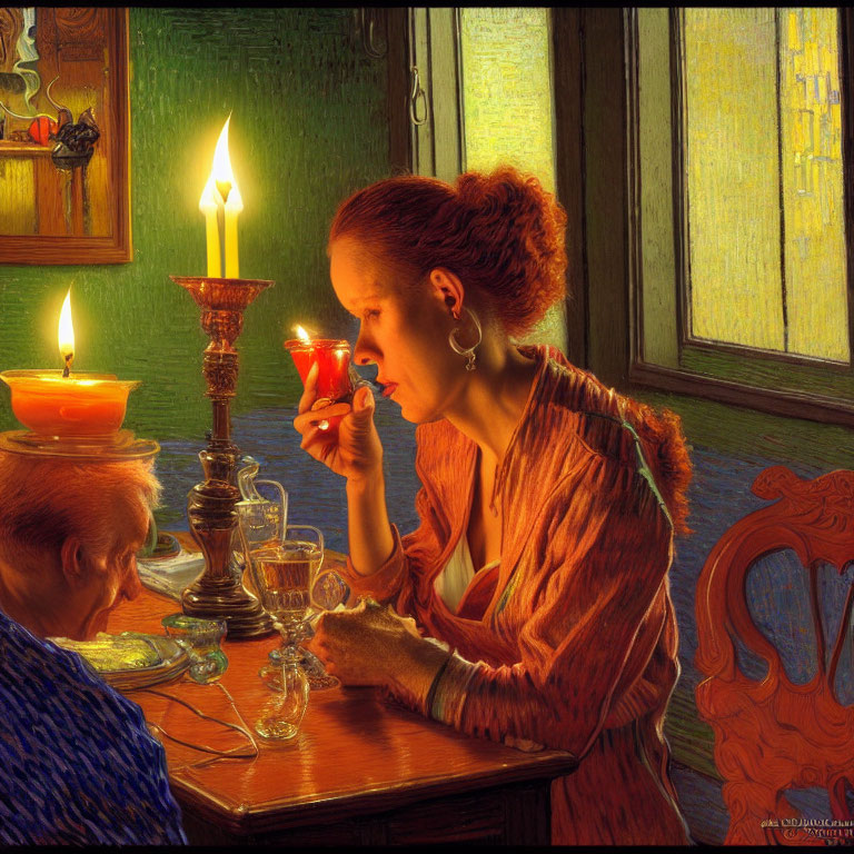 Woman in Orange Dress Lighting Candle at Table