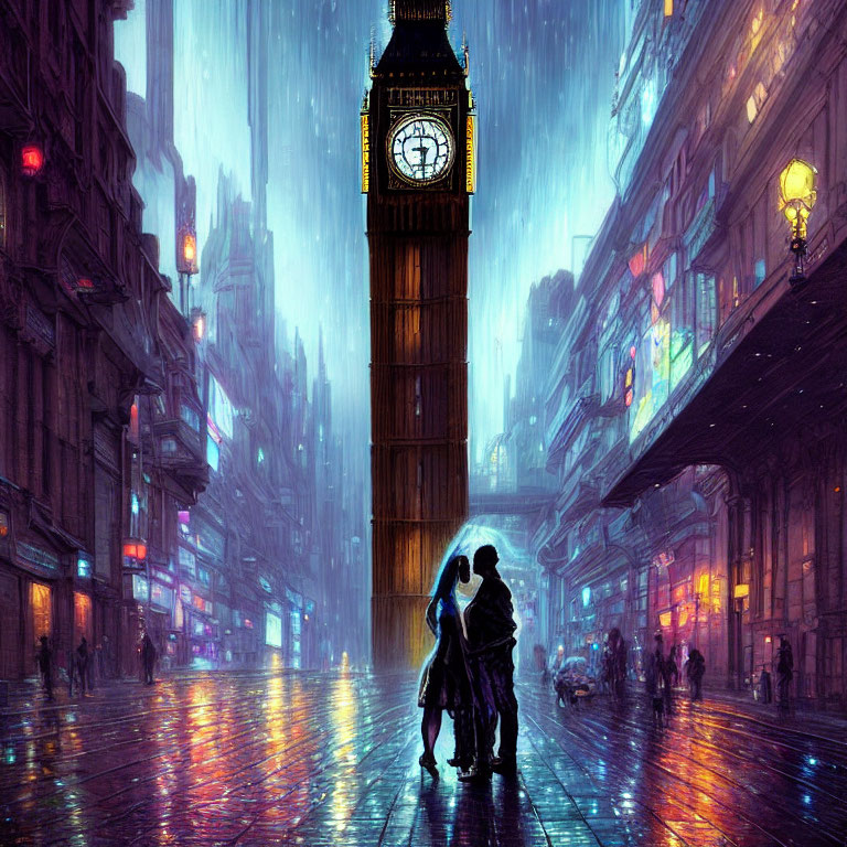 Nighttime couple embracing in rain-soaked street under Big Ben lights