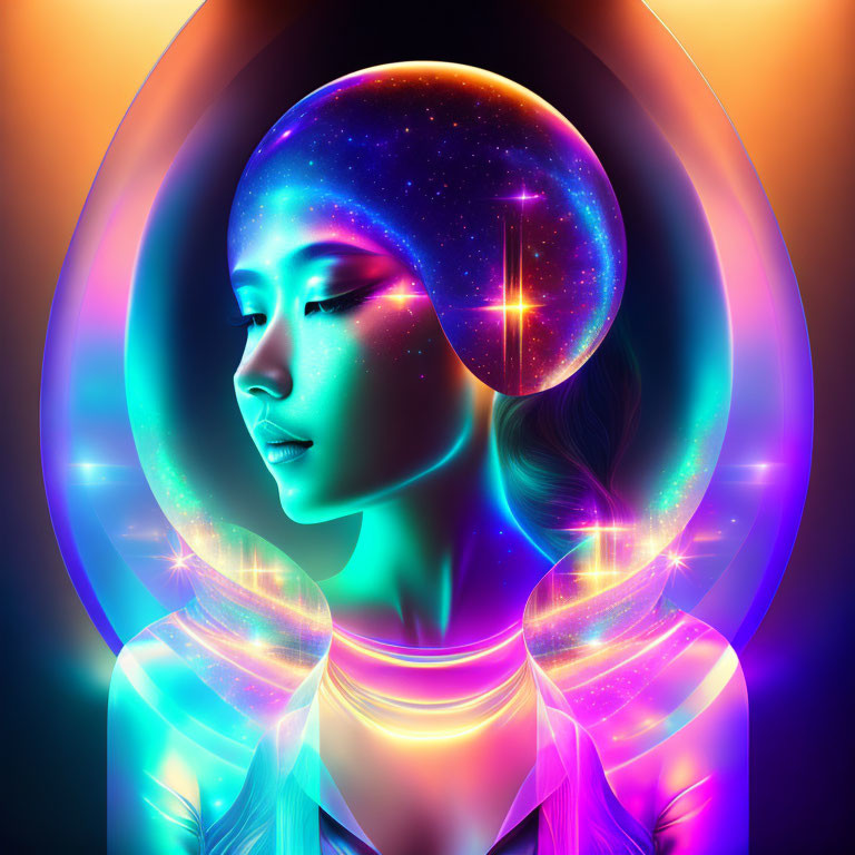 Colorful Digital Artwork: Woman with Cosmic Hair and Neon Contours