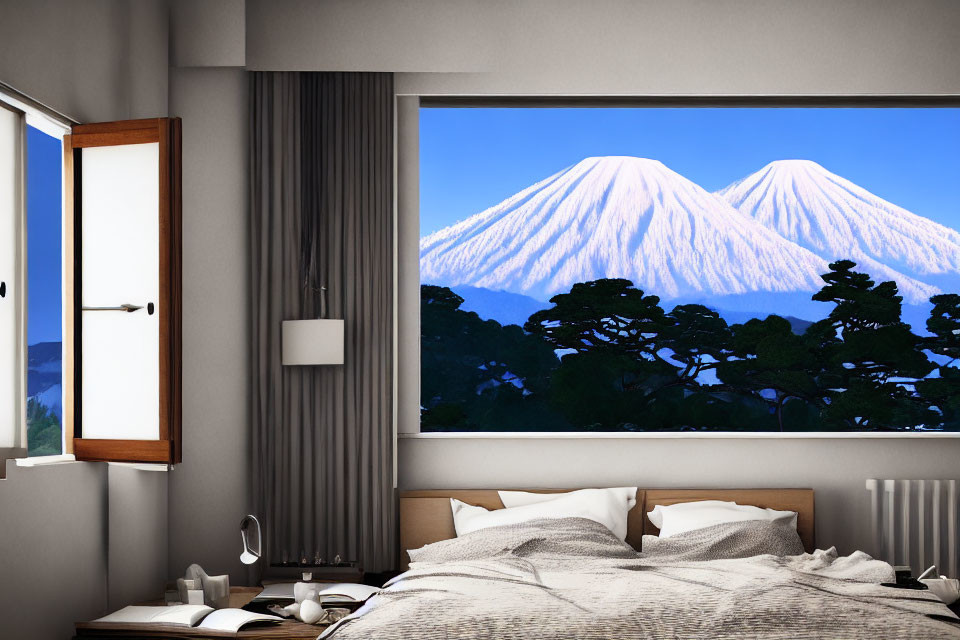 Modern Bedroom with Open Window, Large Bed, and Snow-Capped Mountain View