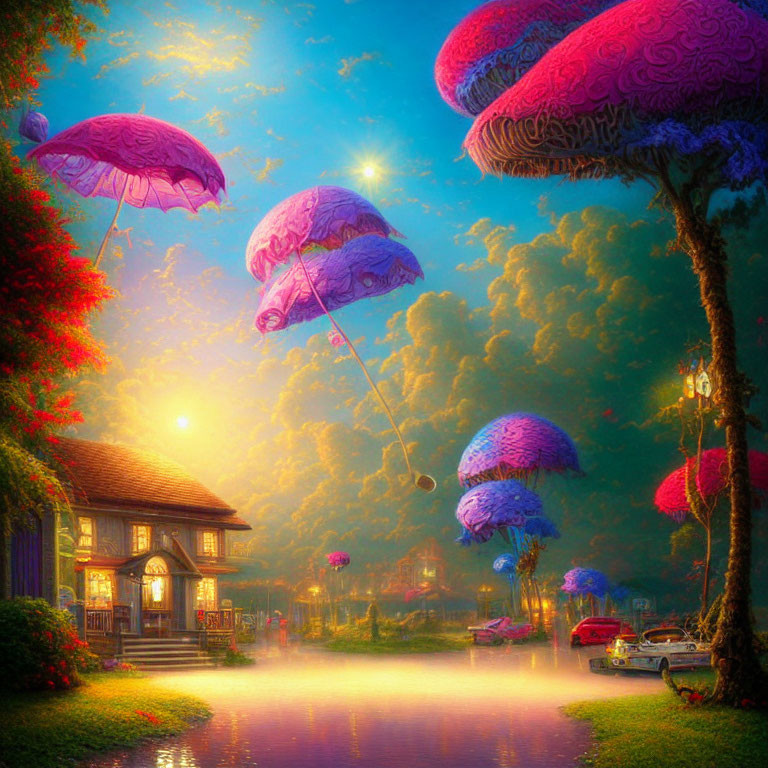 Whimsical pink umbrellas, lanterns, and quaint house in vibrant sunset setting