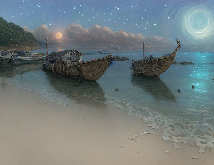 Surreal starry sky with boats on tranquil beach