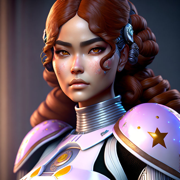 Female character digital art portrait with intricate braids, metallic shoulder armor, celestial-themed design.