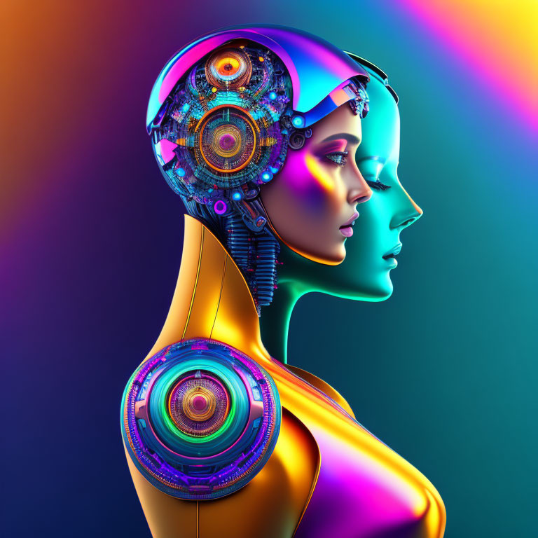 Colorful dual human and robotic head illustration with intricate mechanical details