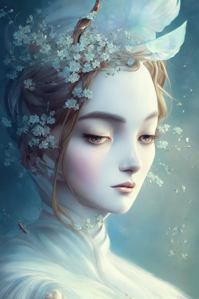 Illustration of a person with porcelain skin and white flowers, branches, and a butterfly.