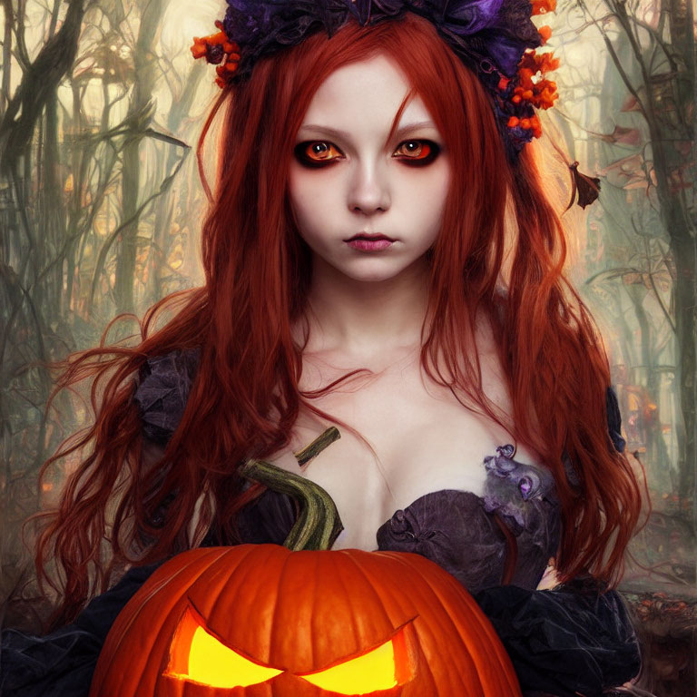 Red-haired woman with floral headpiece holding carved pumpkin in misty forest.