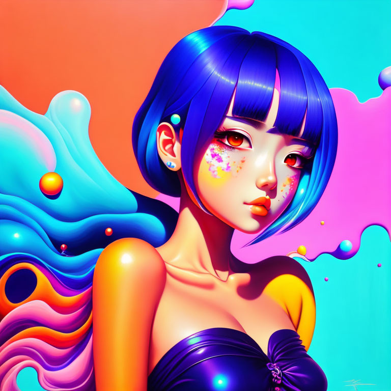 Stylized female character with blue hair and vibrant makeup on colorful abstract background