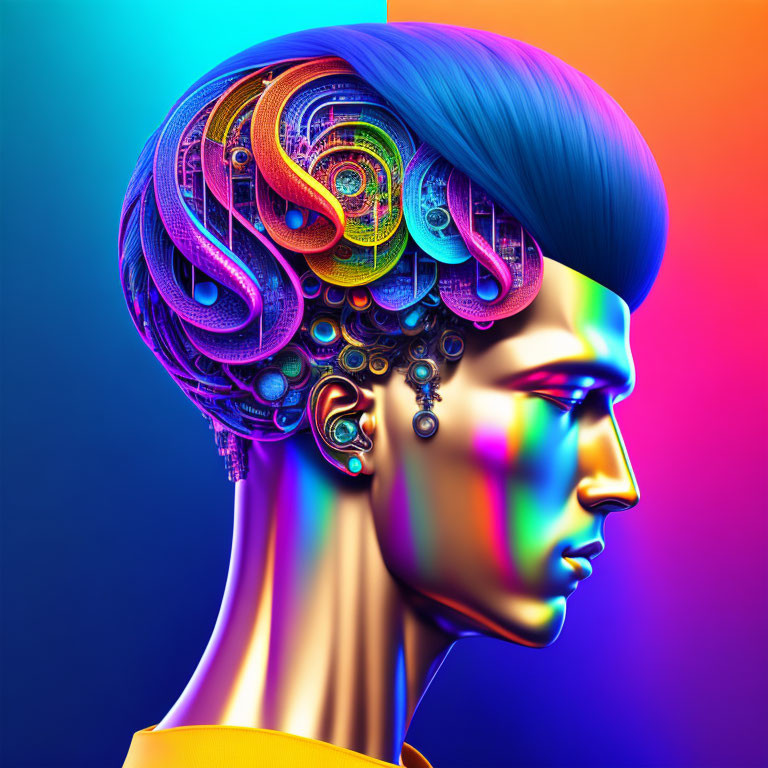 Profile digital artwork with mechanical brain gears on gradient background