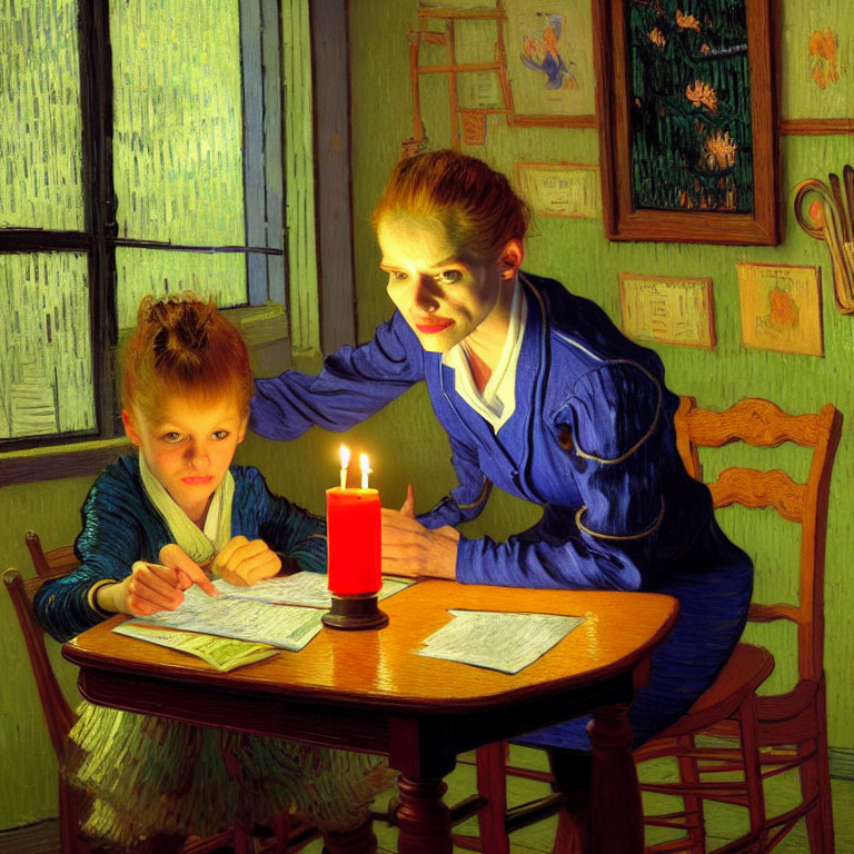 Stylized adult and child reading and writing by candlelight