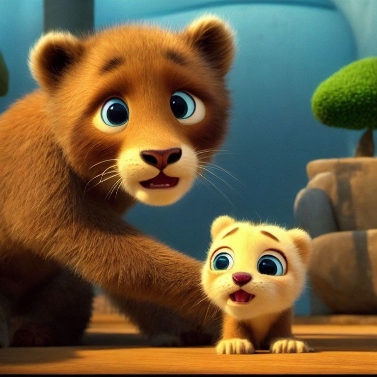 Adult lion and cub in cartoon-style 3D animation