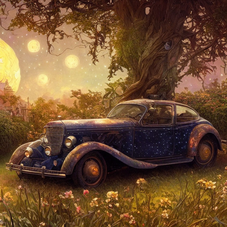 Vintage car with night sky paint job parked in meadow with moonlit sky.