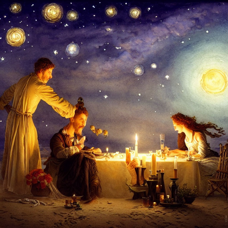 Three People at Candlelit Table Under Starry Sky with Celestial Bodies