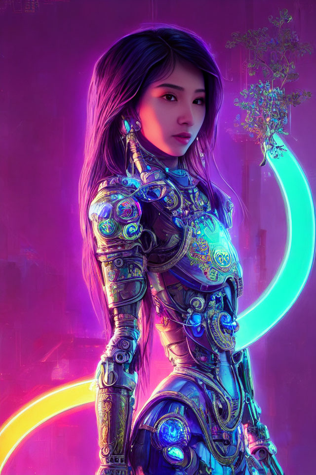 Futuristic digital art: Woman in cybernetic armor with purple hair holding glowing object