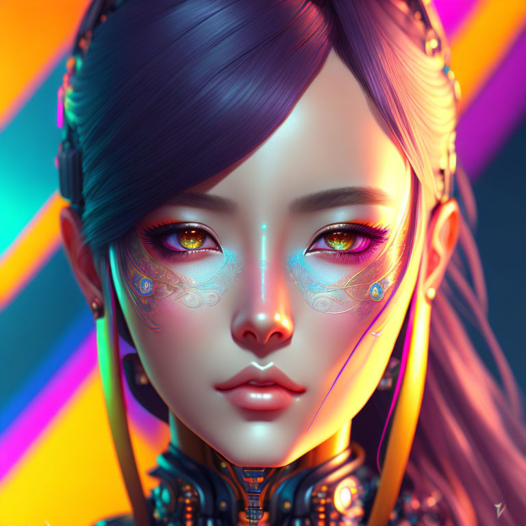 Female digital portrait with cybernetic details, colorful eyes, facial tattoos on neon background