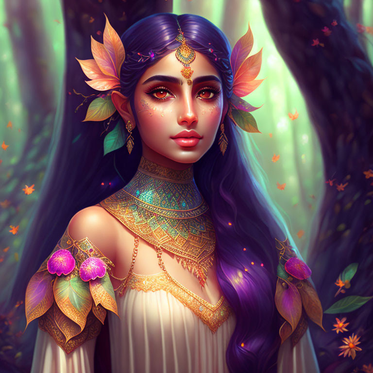 Mystical female with elf ears, gold jewelry, purple hair, in enchanted forest setting