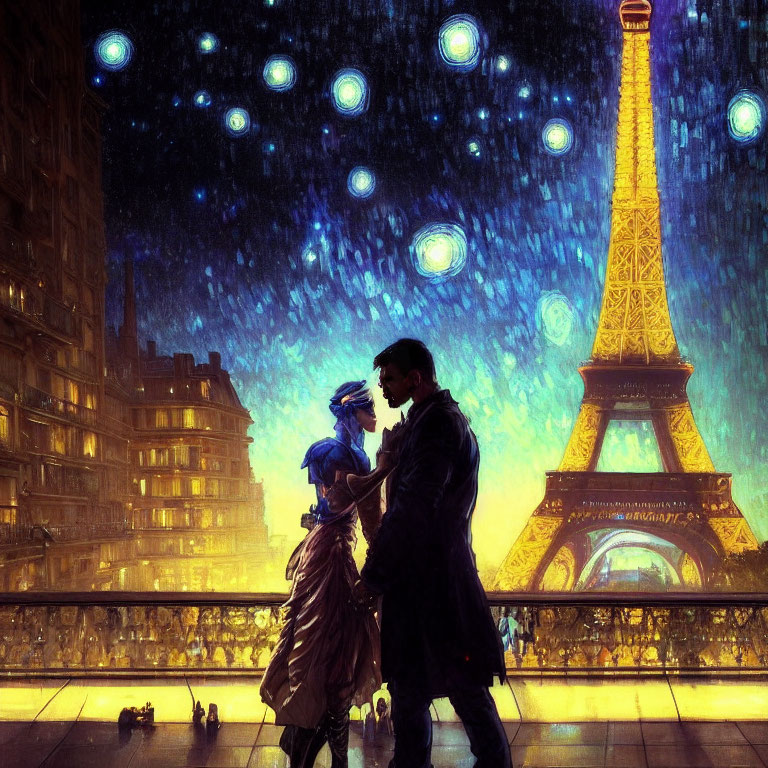 Romantic couple under starry UFO-filled sky with Eiffel Tower in background