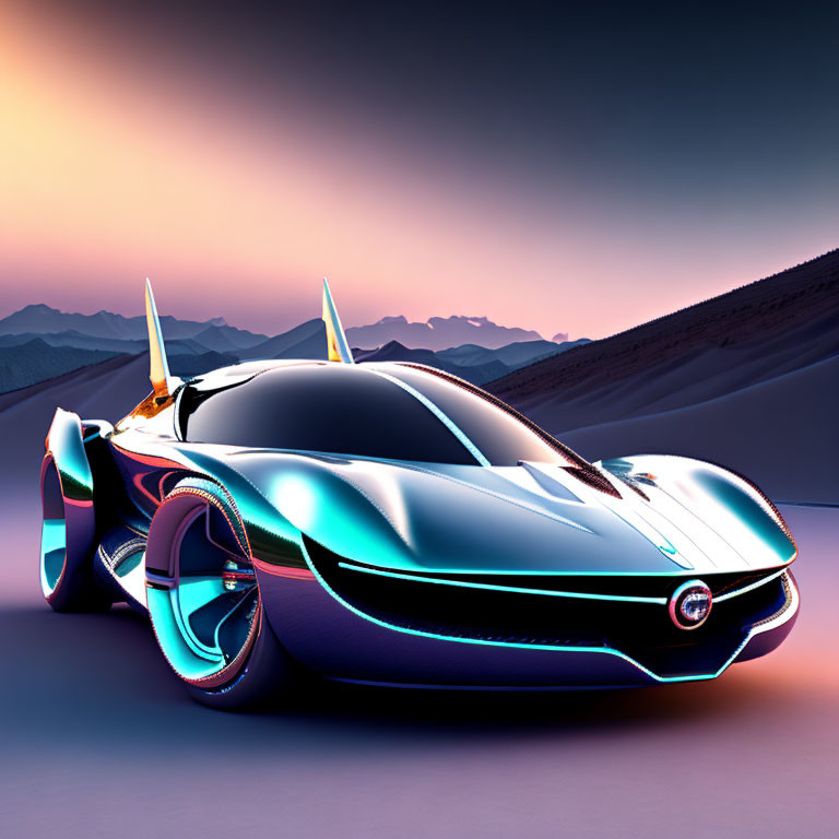 Sleek Futuristic Car Design in Desert Landscape at Dusk