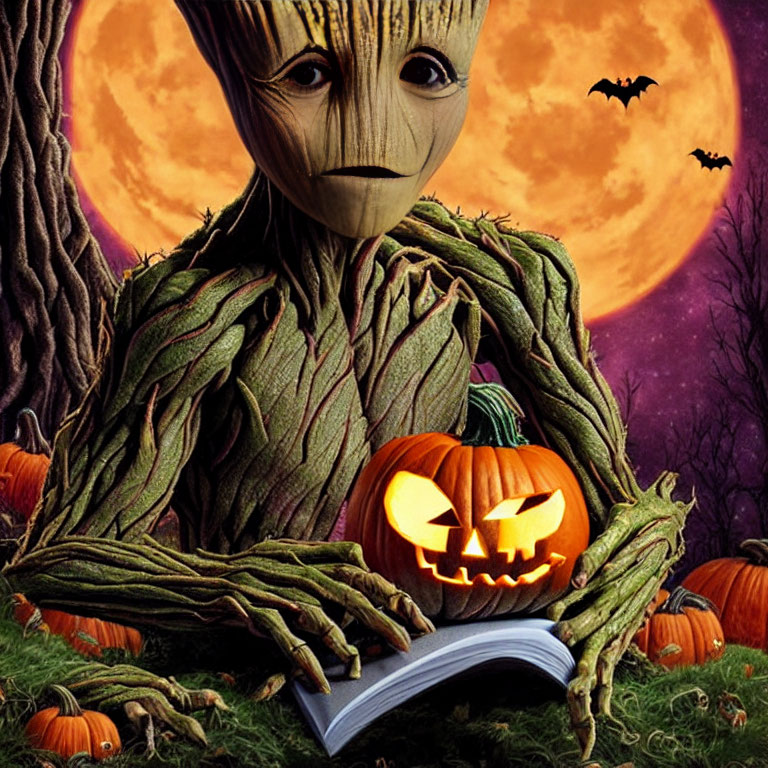 Groot holding carved pumpkin in Halloween setting with full moon & bats