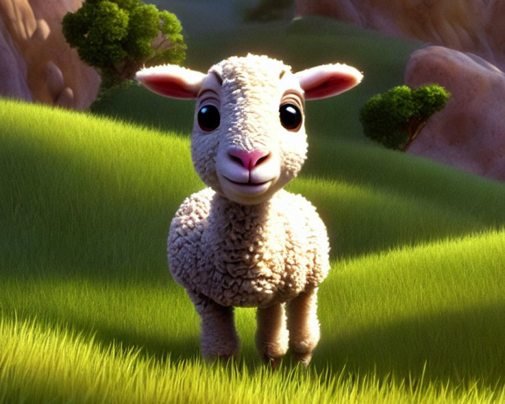 Animated lamb in sunny grass field with trees and rocks