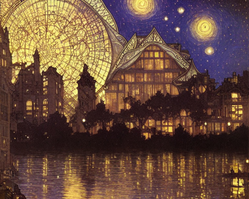 European-Style Cityscape with Ferris Wheel and Starry Night Sky