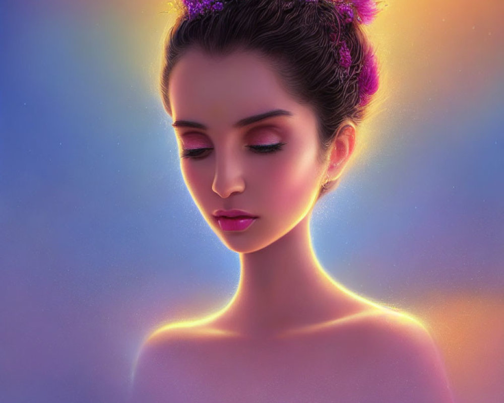 Serene woman with closed eyes and purple flowers in hair in soft, glowing aura