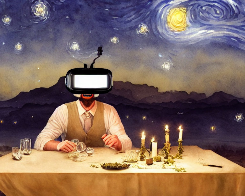 Person at table with VR headset, starry night backdrop, candles, empty plate and glass