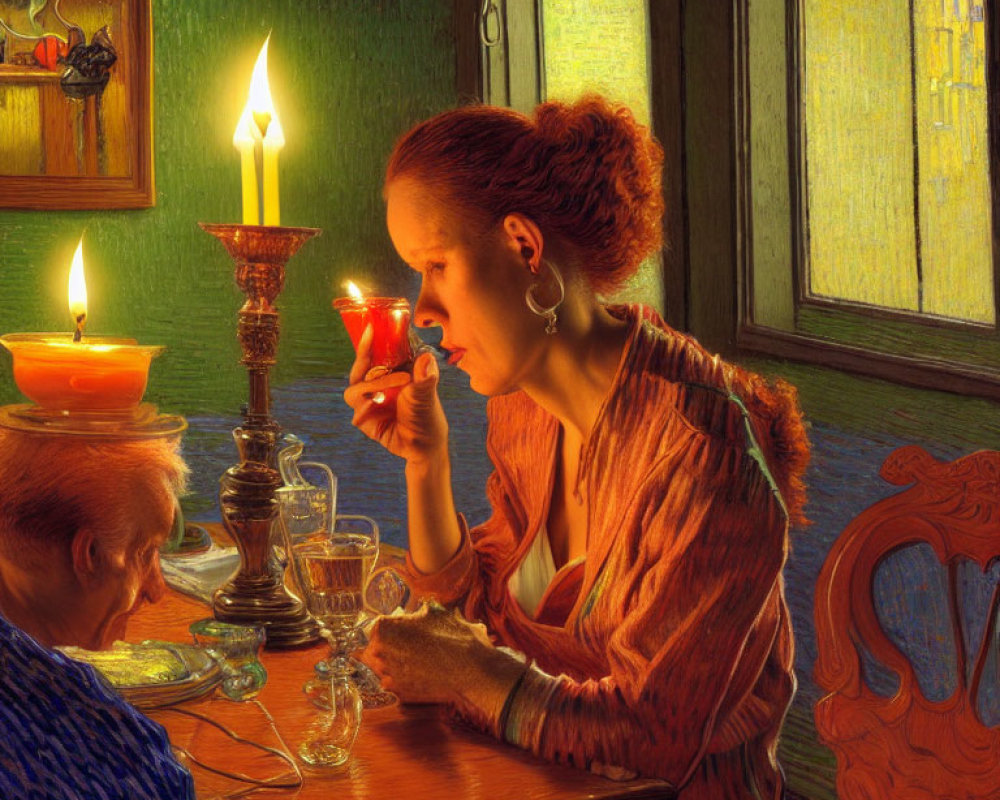 Woman in Orange Dress Lighting Candle at Table