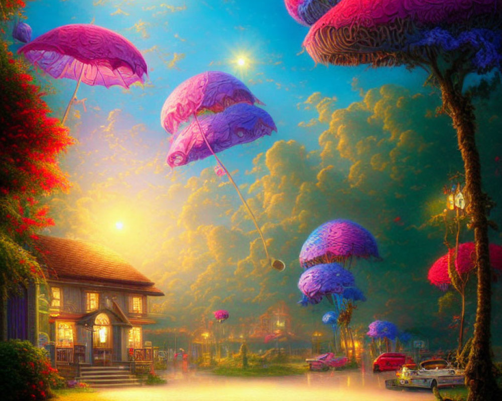 Whimsical pink umbrellas, lanterns, and quaint house in vibrant sunset setting