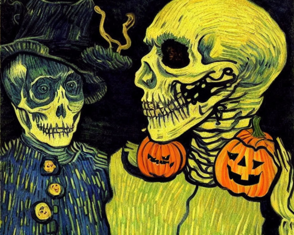 Detailed Halloween-themed skeletal figures illustration.