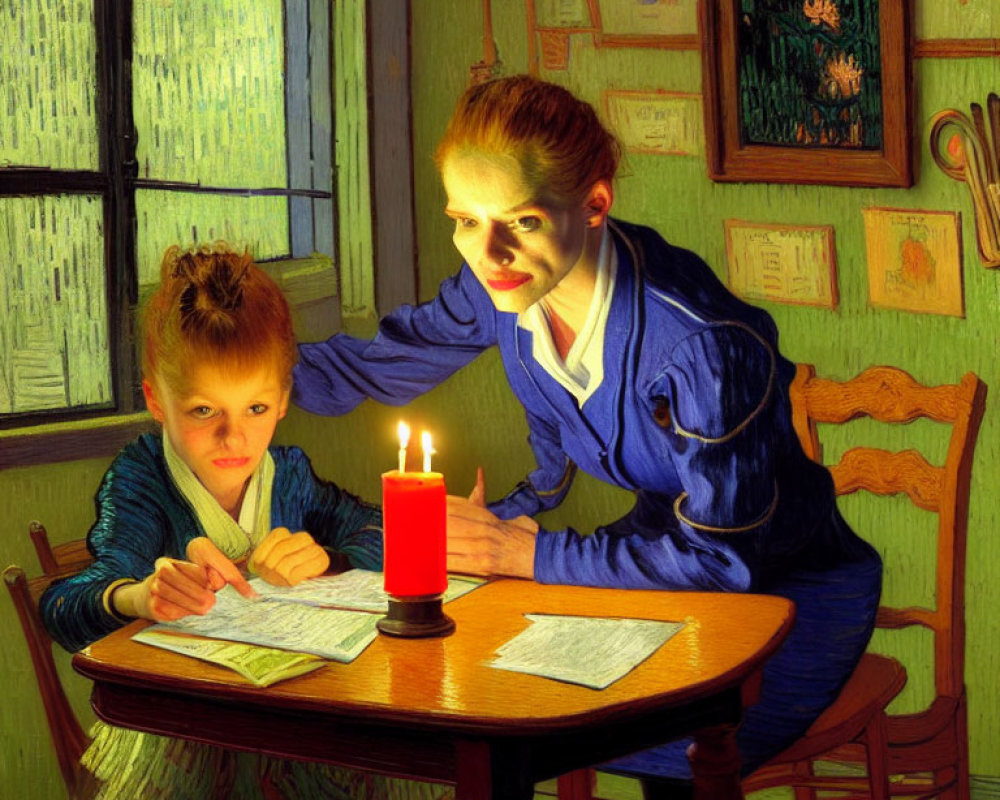 Stylized adult and child reading and writing by candlelight