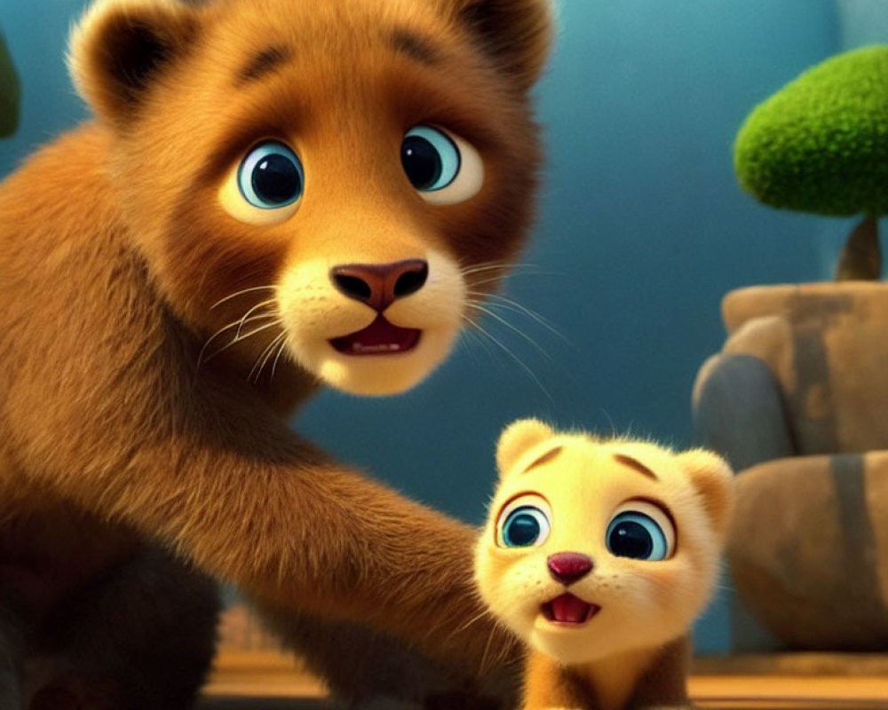 Adult lion and cub in cartoon-style 3D animation