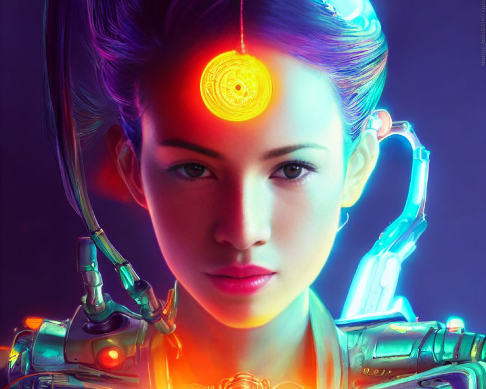 Digital artwork: Woman with cybernetic enhancements and glowing symbol.