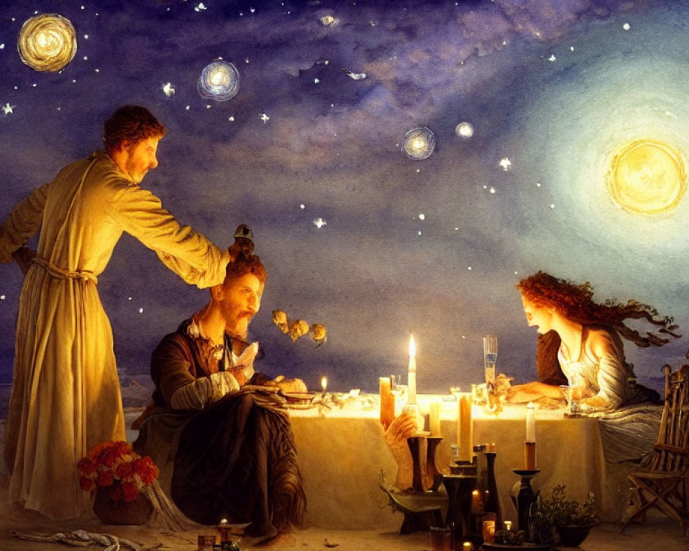 Three People at Candlelit Table Under Starry Sky with Celestial Bodies