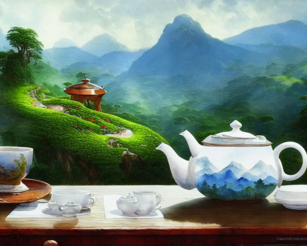 Tea set with whimsical landscape and mountains merging in image