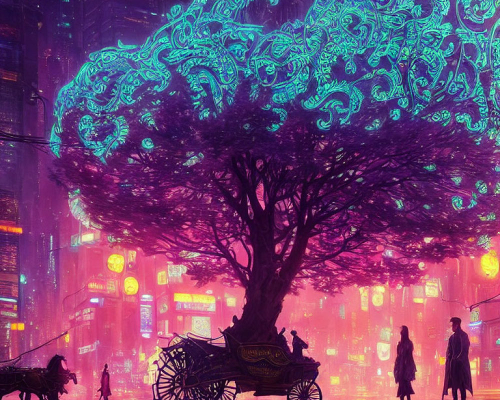 Neon-lit cityscape with glowing tree and figures