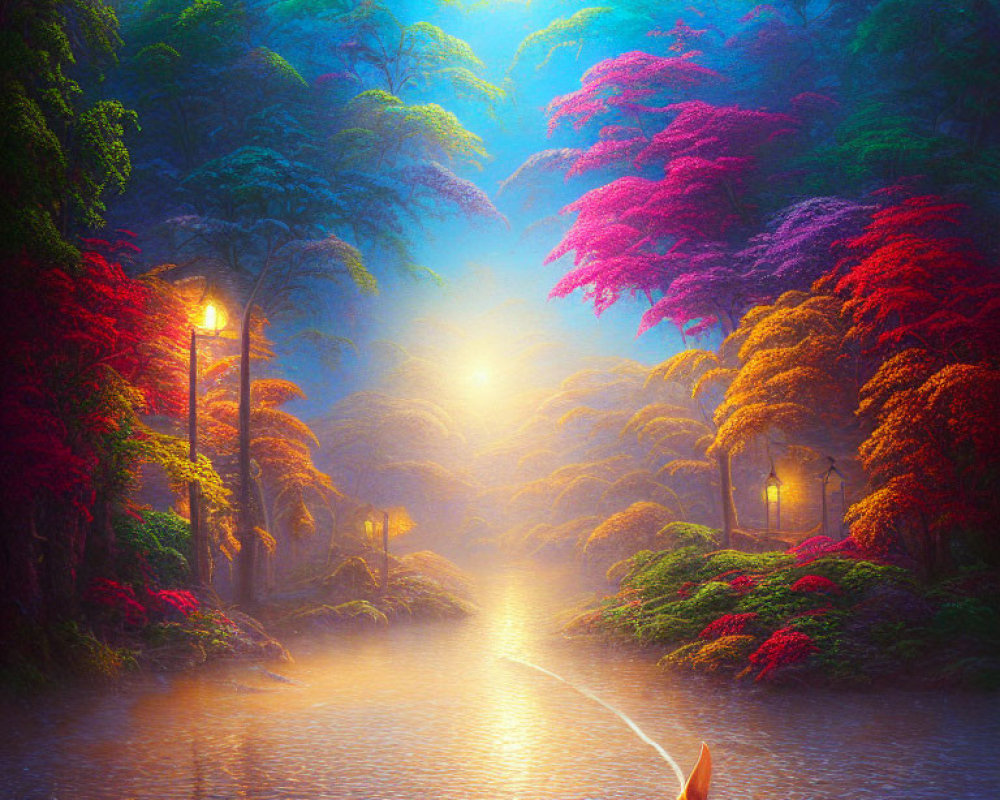 Enchanted forest with vibrant foliage, glowing water path, and lone boat