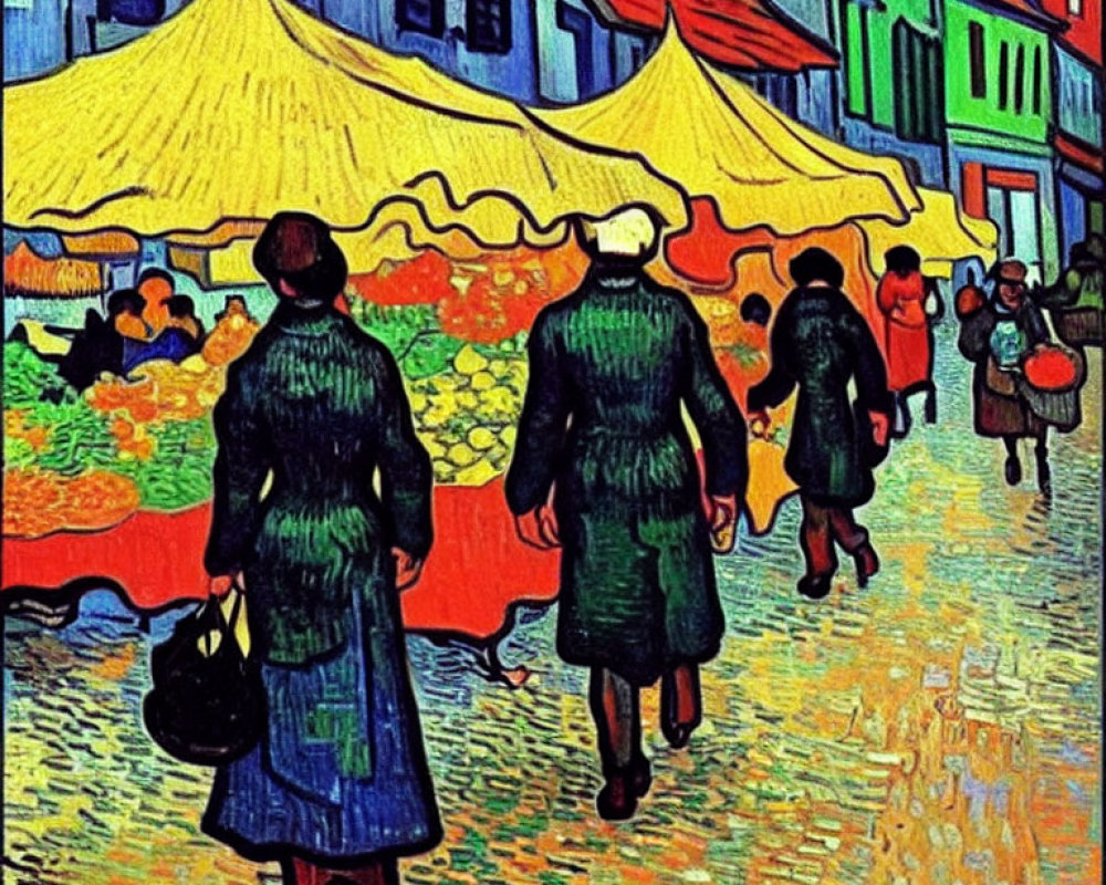 Colorful Post-Impressionist Street Scene Painting with Yellow Market Umbrellas and Bold Outlines