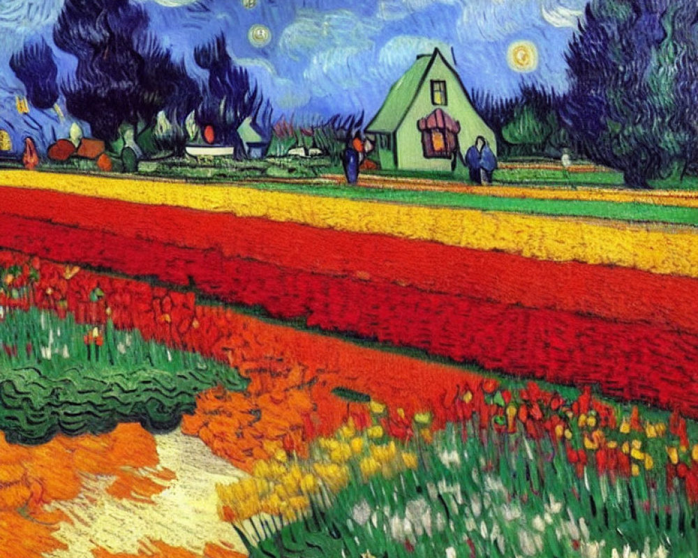 Colorful Countryside Scene with Flower Fields and Quaint House